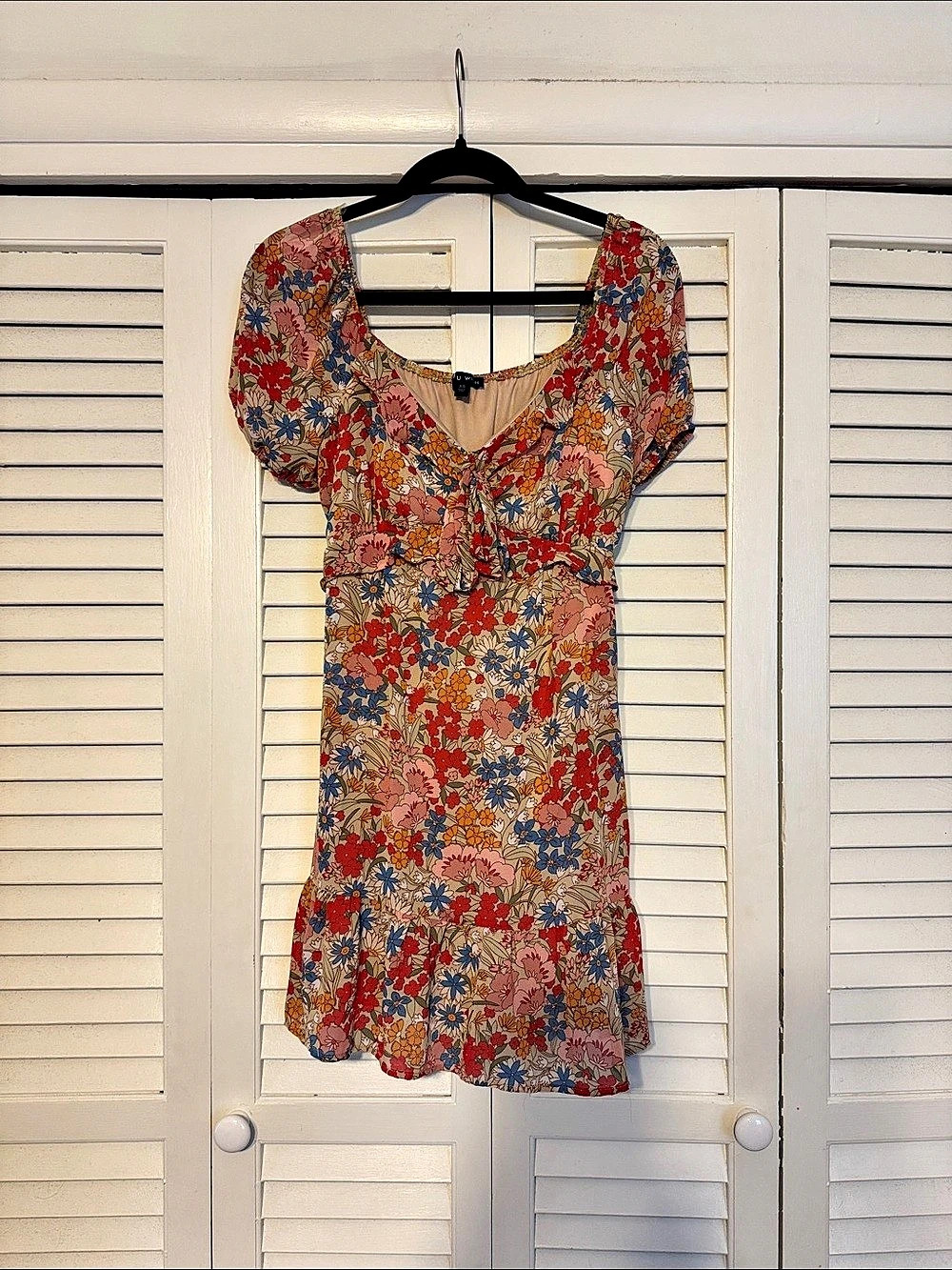 AS U WISH Tie-Front Smocked Waist Mini Dress Red & Blue